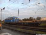 PRESS 140 037 mit einem Schmalspurtransportwagen abgestellt im Bahnhof Bergen auf Rgen am 25.4.14