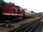 112 708 mit dem Personenzug abgestellt im Bahnhof Putbus am 7.7.17