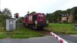 Lok 160075 der OHE am Bahnbergang Bkm80,947 bei Jettebruch in Richtung Soltau fahrend.