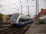 UBB GTW 2/6 mit ziel Barth bei der Ausfahrt aus Stralsund Hbf am 13.10.13