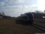 UBB GTW 2/6 aus Stralsund Hbf bei der Einfahrt in den Endbahnhof Barth am 6.3.14