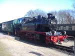 RüBB 99 4801 ist soeben mit seinem Zug aus dem Ostseebad Göhren im Bahnhof Putbus wieder angekommen am 20.3.14