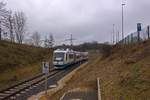 Der von der BOB angemietete Triebwagen 609 104 der Regiobahn erreicht in wenigen Augenblicken am Abzweig Dornap das Streckennetz der DB.