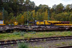 Der 150 t Gleis- und Eisenbahndrehkran (EDK) KIROW Multi Tasker KRC 1200, D-HGUI 99 80 9419 041-5 „IDEFIX“ der HERING Bahnbau GmbH in Burbach-Holzhausen, ist am 19 Oktober 2025 im Rbf Betzdorf/Sieg abgestellt. Leider stehen noch auf den Gleisen davor andere Wagen. Nach der Gewichtsklasse hätte der Kran eher den Namen „Obelix“ verdient und nicht den Namen nach Hund von Obelix „Idefix“. 

Links hinter dem Kran den vierachsige Gegenlastwagen D-HGUI 99 80 9310 032-4 auf der einen Seite mit dem abgelegten Gegengewicht des Krans und auf der anderen Seite stützt, sich hier in der Transportstellung, das Gegengewicht-Teleskop hydraulisch auf dem Gegenlastwagen ab. Durch die Abstützung wird die Achslast und folglich die Streckenlast (Meterlast) vom Kran auf max. 7,2 t/m reduziert. Die max. Achslasten betragen beim Kran 13,7 t und den Wagen 19,9 t, so kann der Kranzug auf der Streckenklasse C befördert werden. 

Dahinter noch ein vierachsiger Drehgestell-Flachwagen, Nummer unbekannt, der Gattung Res als Kran-Schutzwagen gegenlastseitig, u. a, beladen mit Werkstattcontainer, kleine Traversen, Anschlagmittel und sonstiges Zubehör/Equipment.

Rechts vor dem Kran ein vierachsiger Drehgestell-Flachwagen, Nummer unbekannt, der Gattung Res als Kran-Schutzwagen auslegerseitig beladen mit langen Traversen. 