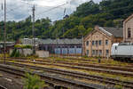 Blick vom Bahnsteig des Hbf Siegen auf den Ringlokschuppen am 28.08.2023.