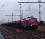 232 704-7+Dngerzug von WRS Richtung Poppendorf bei der Ausfahrt im Bahnhof Rostock-Seehafen.(18.03.2011)