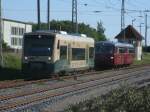 Fahrzeugwechsel in Bergen/Rgen am 03.Juni 2011.Stammtriebwagen 650 032 fuhr zum Bahnsteig,whrend die Ferkeltaxe 172 132/171 in Bergen/Rgen blieb.