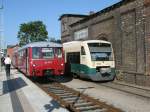 Whrend der PRESS VT650 032-4,am 27.Juli 2012,in Bergen/Rgen blieb,fuhr die Ferkeltaxe 172 132-3/171-1 nach Lauterbach Mole.