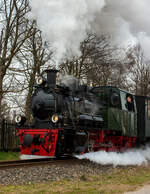Die Jung Schmalspur Dampflok 20  Haspe  der Selfkantbahn bzw. Interessengemeinschaft Historischer Schienenverkehr e. V. (IHS) zieht ihren Personenzug am 31 März 2013 bei Birgden in Richtung Gillrath. 

Fahrzeuggeschichte:
Die Dampf-Tenderlokomotive wurde 1956 von der Arnold Jung Lokomotivfabrik GmbH, Jungenthal bei Kirchen an der Sieg unter der Fabriknummer 12783 und an die 900 mm-Werksbahn der Klöckner-Hütte in Hagen-Haspe. Im Zuge der Stillegung der Hasper Hütte kaufte die IHS 1972 auch die 20 und 21 und lies diese in der Werkstatt der DVG (Duisburger Verkehrsgesellschaft AG) auf 1.000 mm umspuren. 1980 Taufe auf den Namen „Haspe“.

Neben den schmalspurigen Kleinbahnen gab es eine große Anzahl schmalspuriger Werks- und Industriebahnen. Für diese Betriebe entwickelten einige Lokomotivfabriken nach dem Baukastensystem Typenreihen für Lokomotiven verschiedener Spurweiten und Leistungsklassen. Die Lokomotivfabrik Jung in Jungenthal/Sieg besaß ein solches Programm schon in den Zwanzigerjahren. Diese Maschinen der  Standardkollektion  vom Typ 200 PS konnten nach Katalog bestellt werden. Während des 2. Weltkrieges durften nur noch Lokomotiven eines Standardprogramms, die Kriegsdampflokomotiven (KDL), von Lokomotivfabriken im deutschen Machtbereich hergestellt werden.

Aus dem Typ KDL 10 dieses Programms abgeleitet, lieferte Jung 1956 drei Maschinen an die 900 mm-Werksbahn der Klöckner-Hütte in Hagen-Haspe. Die robuste Bauart der Dampflokomotiven 19, 20 und 21 bewährte sich auch im harten Betriebseinsatz bei der Hasper Hütte. Im Frühjahr 1970 entschloss sich die IHS, die gerade abgestellte Lok 19 zu erwerben. Nach dem Umbau auf eine Spurweite von 1.000 mm wurde die Lok ab dem 10. Juli 1971 auf der Selfkantbahn eingesetzt.

Im Zuge der Stillegung der Hasper Hütte 1972 kaufte die IHS auch noch die beiden freiwerdenden Schwestermaschinen 20 und 21. Ihre Namen erhielten die Lokomotiven erst bei der Selfkantbahn, 1980 wurde die Lok 20 auf den Namen  Haspe , 1986 die Lok 21 auf den Namen  Hagen  getauft. Die politische Wende in der DDR im Jahre 1989 machte es dann möglich, daß die Lok 20 im Jahre 1991 als eine der ersten Museumsdampflokomotiven in der Werkstätte des ehemaligen VEB Mansfeld-Kombinats Wilhelm Pieck des Mansfelder Bergbaureviers eine große Revision erhielt. Die Lok 19 ist seit 1977 abgestellt, die Lok 21 befindet sich seit langer Zeit in Aufarbeitung.

Konstruktive Merkmale:
Die Lokomotiven haben einen Wassertank im Rahmen und Kohlenkästen vor dem Führerhaus. Sie haben Heusinger-Steuerung und Kolbenschieber. Der Antrieb erfolgt auf die zweite Achse. Die Druckluftbremse und die Beleuchtungsanlage wurden erst für die Selfkantbahn eingebaut. Ursprünglich war ein Pufferbügel und ein darüber angeordneter Kupplungshaken vorhanden, bei der Selfkantbahn erhielten die Lokomotiven eine Balancierhebel-Kupplung „Sylter Bauart“, diese
wurden ab 1976 „Standard-Kupplung“ der Selfkantbahn.

TECHNISCHE DATEN:
Baujahr: 1956
Hersteller: Arnold Jung Lokomotivfabrik GmbH, Jungenthal bei Kirchen a. d. Sieg
Fabriknummer: 12783
Kessel-Nr. seit Dez. 12784 von Lok 21 (zuvor 12783)
Spurweite: 1.000 mm (ehemals 900 mm)
Achsanordnung: Bn2t
Typ: 200 PS, abgeleitet von KDL 10
Länge über Puffer: 7.200 mm
Breite 2.300 mm
Höhe: 3.200 mm
Achsabstand: 1.800 mm
Raddurchmesser: 800 mm (neu)
Gewicht der Lok: 22,0 t
Höchstgeschwindigkeit: 30 km/h
Zugkraft: 58 kN
Leistung: 200 PS
Zylinderanzahl: 2 (Ø 350 mm x 400 mm Hub)
Rostfläche: 1,00 m²
Heizfläche: 52,5 m², 126 Heizrohre 44,5 x 2,5
Kesseldruck: 13 bar
Kohlevorrat: 0,3 t
Wasservorrat (im Rahmen): 1,6 m³
Bremse: K-PmZ (urspr. Dampf) / Wurfhebel, Bremsgewicht 7 t
Kupplung: Sylter Puffer
