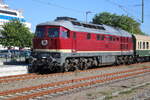 132 088-6 von Salzland Rail Service GmbH (SRS)bei der Einfahrt am 13.05.2024 in Warnemünde.
