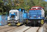 650 077-7 und 345 414 waren am Morgen vor dem Lokschuppen im Rostocker Fracht und Fischereihafen abgestellt.22.09.2019