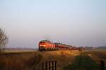 DB 218 390 + 218 839 (ex 218 317-6) ziehen im letzten dunstigen Abendlicht den AS 1448 von Niebüll nach Westerland/Sylt, hier am Bü Triangel 06.03.2025