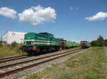 203 127-6 von LDS mit Holzzug am 27.07.10 in Torgelow