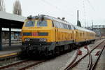 218 477-8 der DB Fahrwegmessung verlässt am 15.03.2018 den Lindauer Hauptbahnhof