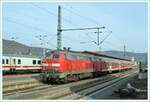 Als auf der Hundsrückbahn noch 218 Züge zogen/schoben - die DB 218 414-1 stehet mit ihrem Zug nach Emmelshausen in Boppard.