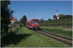  Nur  ein roter VT 650 bei der Wallfahrtskirche Birnau und doch ist das Bild schon fast  historisch  wurden doch erstmal drei Tage vor dieser Aufnahme die ersten VT 622 auf dieser Strecke eingesetzt,