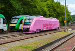 Ein beschmierter LINT 27 der Vectus Verkehrsgesellschaft mbH, eigentlich schon gerade in der neue „damals zukünftigen“ Farbgebung der HLB am 18 Mai 2014 abgestellt beim Bahnhof Westerburg. 

Als Rosa  Schweinetaxi  fuhr er kurz durch den Westerwald. Die Täter, die einen Zug der Vectus Verkehrsgesellschaft in ein rollendes rosa  Schweinetaxi  verwandelten, konnten in flagranti bzw. auf frischer Tät ertappt und von der Bundespolizei Trier in Siershahn festgenommen werden. Ein Sprayer-Paar aus Hamburg bekam nicht nur eine Strafanzeige, auch eine saftige Rechnung der Vectus GmbH von über 15.000 Euro. 

Selbst Türen und Fenster blieben von der Attacke nicht verschont. Zusätzlich wurde ein großer Schriftzug aufgebracht, der den Zug als “Vectus Schweinetaxi“ betitelte. Da die Fenster sind ebenfalls zugekleistert waren, hatten die Passagiere auch ihr Nachsehen und konnten nicht die Landschaft vom schönen Westerwald sehen. Zum Glück haben die Triebwagen ja eine Innenbeleuchtung, sonst hätten die Passagiere drinnen im Dunkeln sitzen müssen. 

Ich hoffe sehr das das Bild keine Werbung für die Sprayer ist, sondern doch eher eine Abschreckung. Sprayer besprüht Eure eigenen Sachen und nicht die von anderen Leuten. Schönheit ist auch etwas anderes….
