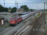 Aus BB Wagen gebildet verlie 110 469-6,am 28.Juni 2013,mit dem EC 378 Bratislava-Binz,den Bahnhof Bergen/Rgen mit +15min Versptung.