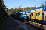 145 023-6 PRESS  DAMPFLOKBAHN-ROUTE Sachsen  (145 083-2) mit einem Kesselzug  Dieselkraftstoff oder Gasl oder Heizl (leicht)  in Uelzen und fuhr in Richtung Celle weiter.