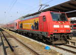 146 281 „Meine Ziele“mit RE 4308(Rostock-Hamburg)am 09.03.2025 im Rostocker Hbf.