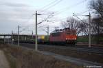 155 036-7 mit Flachwagen zwischen Growudicke und Rathenow in Richtung Stendal unterwegs.