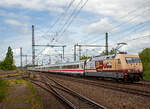 Die Jubiläumslok „50 Jahre Intercity“, die 101 110-5 (91 80 6101 110-5 D-DB) schiebt den IC 2213 (Ostseebad Binz - Hamburg – Stuttgart) Steuerwagen voraus durch den Bahnhof