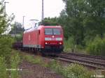 185 008-0 zieht auf dem Sdlichen Berliner Aussenring (BAR) bei Ahrensdorf ein gemischten Gterzug.