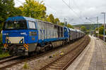 Kurzdrauf und nach einem RB kommt dann am 18 September 2025 im Bahnhof Kirchen/Sieg die zweite Fuhre Coilzug der KSW, es die an die KSW vermietete 272 408-6 / D20 der Bentheimer Eisenbahn AG (92 80