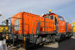Der zur ZAGRO Group gehrende Hersteller  GMEINDER LOKOMOTIVEN GmbH (Mosbach) prsentierte auf der InnoTrans 2018 in Berlin (hier 18.09.2018) seine Rangierlokomotive mit elektrischer