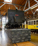 Von der Tenderseite die Zahnraddampflokomotive ex BHStB (Bosnisch-Herzegowinischen Staatsbahnen) / BHLB (Bosnisch-Herzegowinische Landesbahnen) IIIc5 719, ab 1918 SHS 719 (Železnice Kraljevine