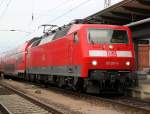 120 207-6(DB-Regio Aachen jetzt DB-Regio Rostock)mit RE1 Rostock-Hamburg kurz vor der Ausfahrt im Rostocker Hbf.24.08.2012