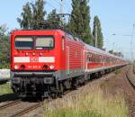 114 013-6+DB-Regio Bimz(ex-InterRegio Wagen)inklusive Halberstdter-Steuerwagen als DZ2670 von Warnemnde nach Berlin-Ostbahnhof bei der Durchfahrt im S-Bahnhof Rostock-Holbeinplatz(29.06.2011)