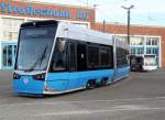 Die Straenbahn vom Typ Vossloh 6N2 fr Rostock stand am 25.01.2014 auf dem Gelnde der Rostocker Straenbahn AG.