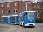 Tatra-Straenbahn 812 und NF-Beiwage 862 musste am 16.03.2014 auf dem Gelnde der Rostocker Straenbahn AG warten.Voraussichtlich ab mitte Mai wird dann die neue Hightech-Straenbahn vom Typ Vossloh