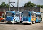 Tatra-Straenbahn 701+803 abgestellt auf dem Betriebshof der Rostocker Straenbahn AG.12.07.2014 