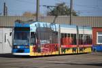 NGT 6 Wagen 687 stand mit der Molli-Werbung bei bestem Fotowetter auf dem Gelnder der Rostocker Straenbahn abgestellt.23.10.2015