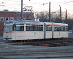 Gelenktriebwagen des Typs G4 aus dem Baujahr 1961 stand am 17.01.2020 auf dem Betriebshof der Rostocker Straßenbahn AG.