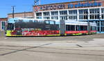 Bäderbahn Molli stand am 28.07.2023 auf dem Gelände der Rostocker Straßenbahn AG.