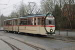 Gelenktriebwagen des Typs G4(Wagen 1)als Sonderfahrt von Rostock Neuer Friedhof nach Rostock Reutershagen am 10.12.2023 in Höhe Rostock Heinrich-Schütz Str fotografiert.