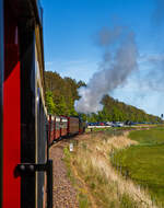 Unterwegs mit dem „Molli“, die 99 2322-8 der Mecklenburgischen Bäderbahn Molli zieht den „Molli“ (MBB Dampfzug) am 15 Mai 2022 von Kühlungsborn West via Heiligendamm