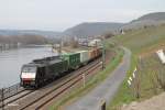 ES64 F4 281 mit Containerzug kurz hinter Lorch am Rhein.