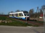 Lange Zeit der Stammtriebwagen zwischen Bergen/Rgen und Lauterbach Mole der OLA-Triebwagen 701.Am 18.April 2009 unterwegs nach Bergen/Rgen bei Pastitz.