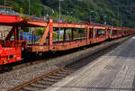 Leerer vierachsiger (2 x zweiachsiger) Doppelstock-Autotransportwagen 25 80 4371 346 D-ATG der Gattung Laaers 560.1 (BA 5.854) der DB Cargo Logistics GmbH (ex DB Schenker ATG) am 20 August 2024 im