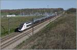 Auf der Hochgeschwindikeitsstrecke Paris - Lyon ist bei Saint-Émiland ein SNCF TGV auf der schellen Fahrt in Richtung Paris unterwegs.