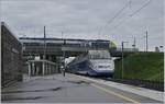 Der  Meroux-Klassiker : unten im Bahnhof Belfort Montbliard TGV ein TGV und oben im Bahnhof Meroux TGV ein SNCF TER.