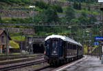 Und tschüs, nun fährt der VSOE - Venice Simplon-Orient-Express von Amsterdam über Brüssel und Paris nach Venedig, am 02.08.2019, vom Bahnhof Göschenen ins Nordportal des 15 km
