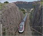 In einem felsigen Einschnitt kurz vor Agey sind zwei TGV auf dem Weg in Richtung Nice-Ville. 

24. März 2025