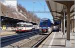 In Le Locle warten auf ihre Abfahrt: Der cmn (heute transN) BDe 4/4 N° 3 nach Les Brenets und der soeben aus La Chaux de Fonds eingetroffene SNCF X76716 nach Besançon Viotte.