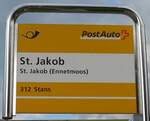 (154'660) - PostAuto-Haltestellenschild - St. Jakob (Ennetmoos), St. Jakob - am 30. August 2014