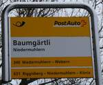 (258'848) - PostAuto-Haltestellenschild - Niedermuhlern, Baumgrtli - am 22.